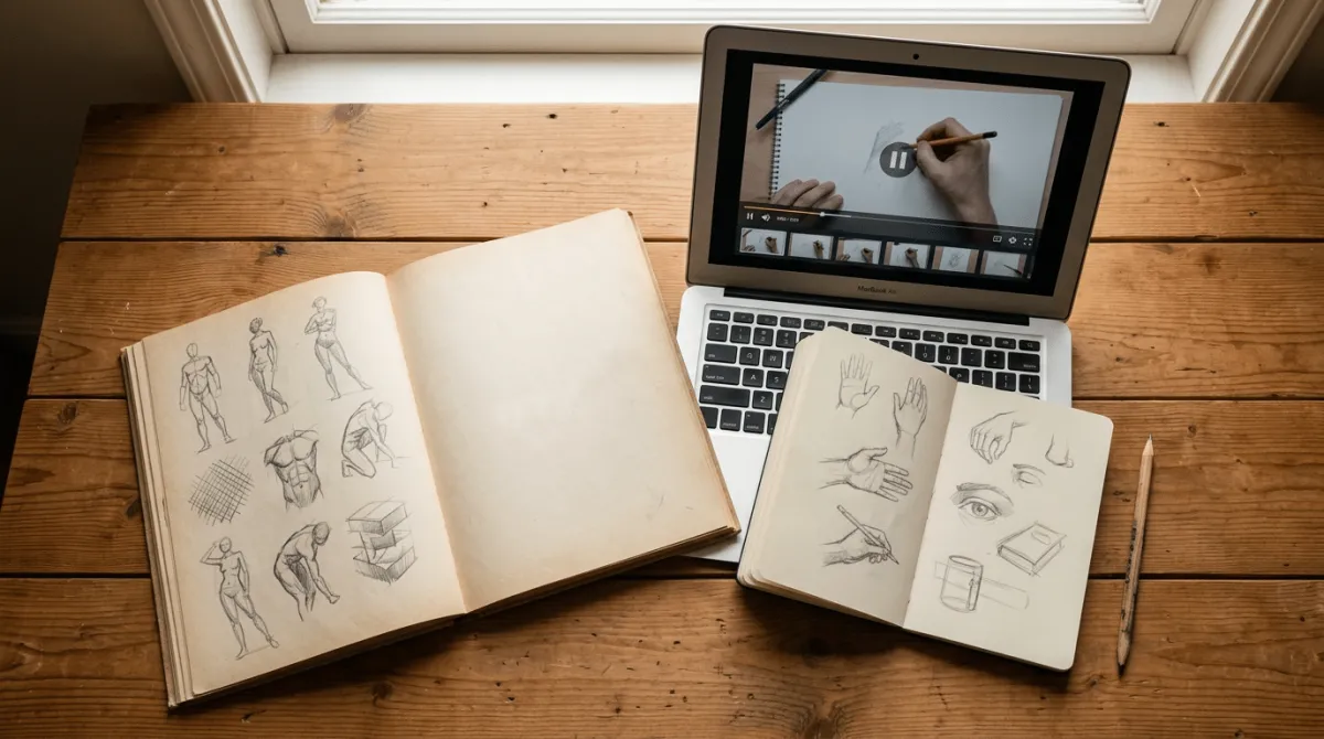 Zeichenbuch und Laptop mit Online-Kurs auf einem Schreibtisch, Bleistift daneben