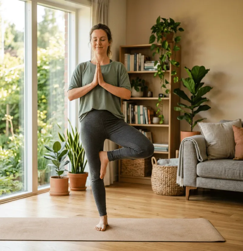 Frau in grünem T-Shirt und grauer Leggings steht mit geschlossenen Augen in der Baum-Pose auf einer Kork-Yogamatte, Hände vor der Brust in Namaste-Haltung. Im Hintergrund ein helles Wohnzimmer mit großer Fensterfront zum Garten, Holzregal mit Büchern, Zimmerpflanzen und einem grauen Sofa.