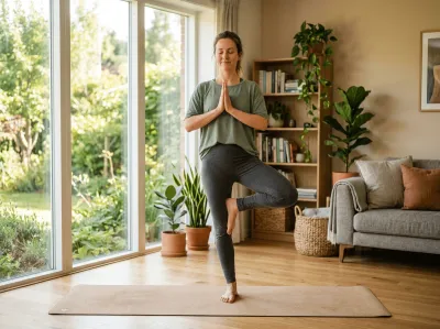 Frau in grünem T-Shirt und grauer Leggings steht mit geschlossenen Augen in der Baum-Pose auf einer Kork-Yogamatte, Hände vor der Brust in Namaste-Haltung. Im Hintergrund ein helles Wohnzimmer mit großer Fensterfront zum Garten, Holzregal mit Büchern, Zimmerpflanzen und einem grauen Sofa.