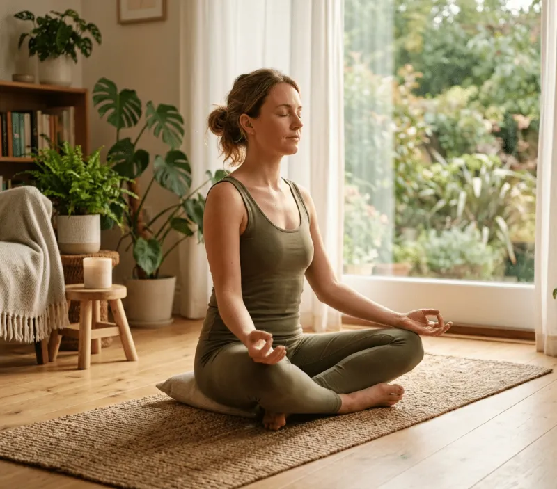 Frau in olivgrünem Yoga-Outfit sitzt mit geschlossenen Augen im Lotussitz auf einem Jute-Teppich und meditiert, Hände in Gyan-Mudra auf den Knien. Im Hintergrund ein helles Wohnzimmer mit großer Fensterfront zum Garten, Holzregal mit Büchern und mehreren Zimmerpflanzen.