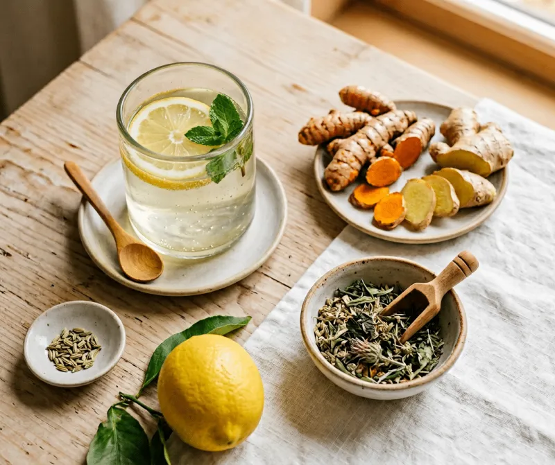 Draufsicht auf einen hellen Holztisch mit Ayurveda-Zutaten: ein Glas Zitronenwasser mit Minze und Holzlöffel, ein Teller mit aufgeschnittenen Kurkuma- und Ingwerwurzeln, eine Schale getrockneter Kräutertee-Mischung mit Holzschaufel sowie ein kleines Schälchen mit Fenchelsamen und eine frische Zitrone.