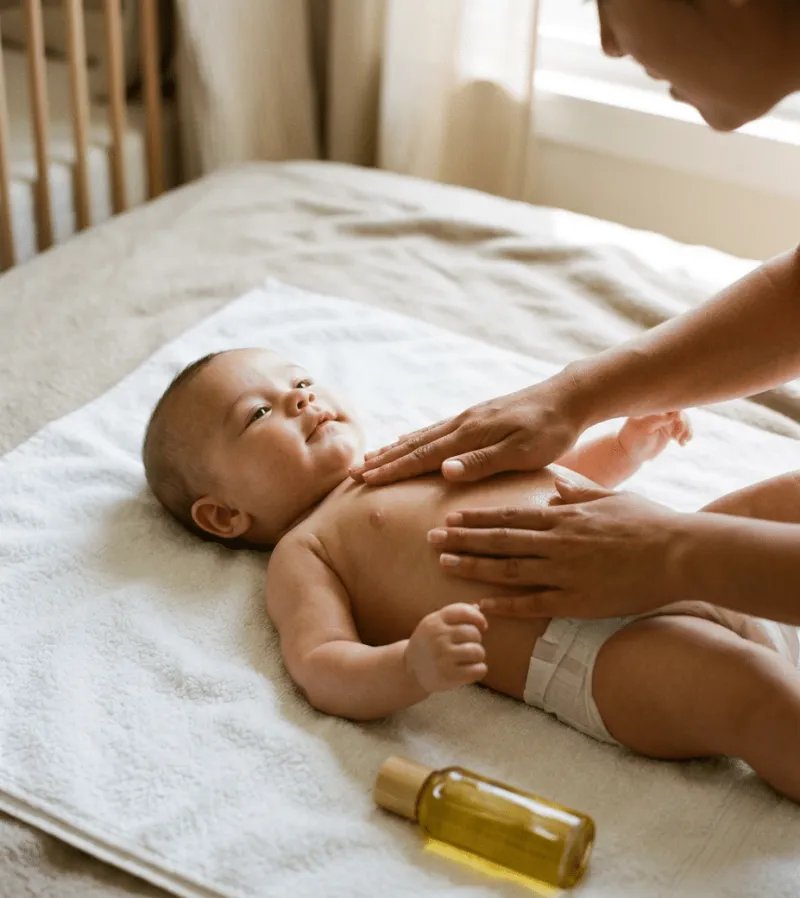 Waches Baby in Windel liegt auf einem weißen Handtuch und schaut nach oben, während zwei Hände seinen Oberkörper mit Öl massieren. Neben dem Baby liegt eine kleine Glasflasche mit goldenem Massageöl. Im Hintergrund ein helles Kinderzimmer mit Holzgitterbett.
