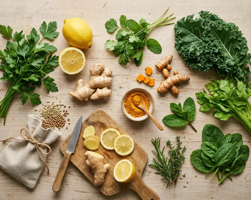 Draufsicht auf frische Detox-Zutaten auf hellem Holzuntergrund: Ingwer, Zitrone, Kurkumawurzeln und -pulver, Petersilie, Minze, Grünkohl, Spinat, Sellerie, Rosmarin, Thymian sowie Gewürzsamen in einem Leinensäckchen. Im Zentrum ein Holzbrett mit aufgeschnittenen Ingwer- und Zitronenscheiben.