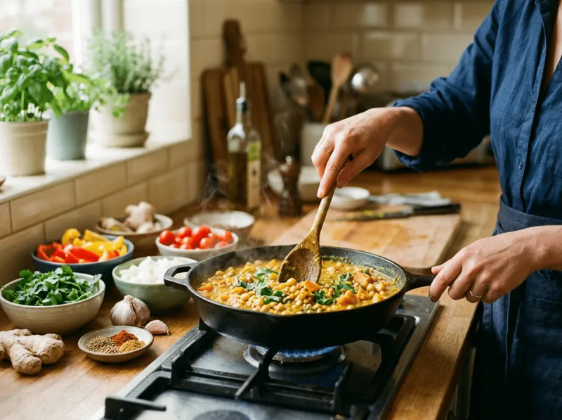 Person im blauen Hemd rührt mit einem Holzlöffel in einer dampfenden gusseisernen Pfanne mit gelbem Linsen-Curry auf einem Gaskocher. Daneben mehrere Schälchen mit frischen Zutaten wie Paprika, Tomaten, Koriander, Zwiebeln sowie Ingwer, Knoblauch und Gewürzen auf einer Holzarbeitsfläche.