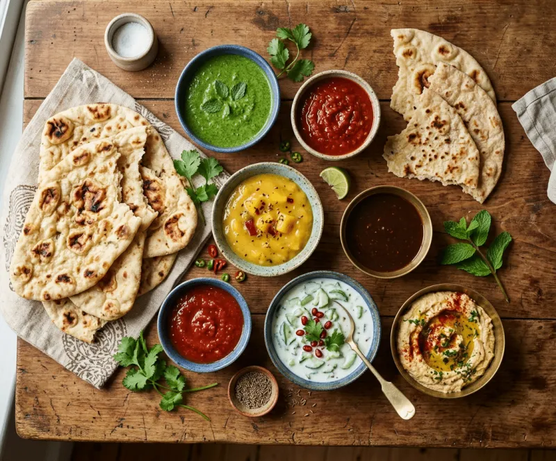 Draufsicht auf einen rustikalen Holztisch mit mehreren Naan-Broten und sechs Schälchen mit bunten Chutneys und Dips: grünes Koriander-Chutney, rote Tomatensauce, gelbes Mango-Chutney, dunkle Tamarindensauce, Raita mit Gurke und Granatapfel sowie Hummus mit Paprikaöl. Dazu frischer Koriander, Minze und Kreuzkümmel als Dekoration.