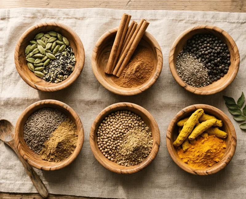 Draufsicht auf sechs Holzschälchen mit Ayurveda-Gewürzen auf einem Leinentuch: Kardamom, Zimt (Stangen und Pulver), schwarzer Pfeffer, Kreuzkümmel, Koriandersamen und frische Kurkuma-Wurzeln mit Kurkumapulver. Daneben ein Holzlöffel und ein Curryblatt-Zweig.