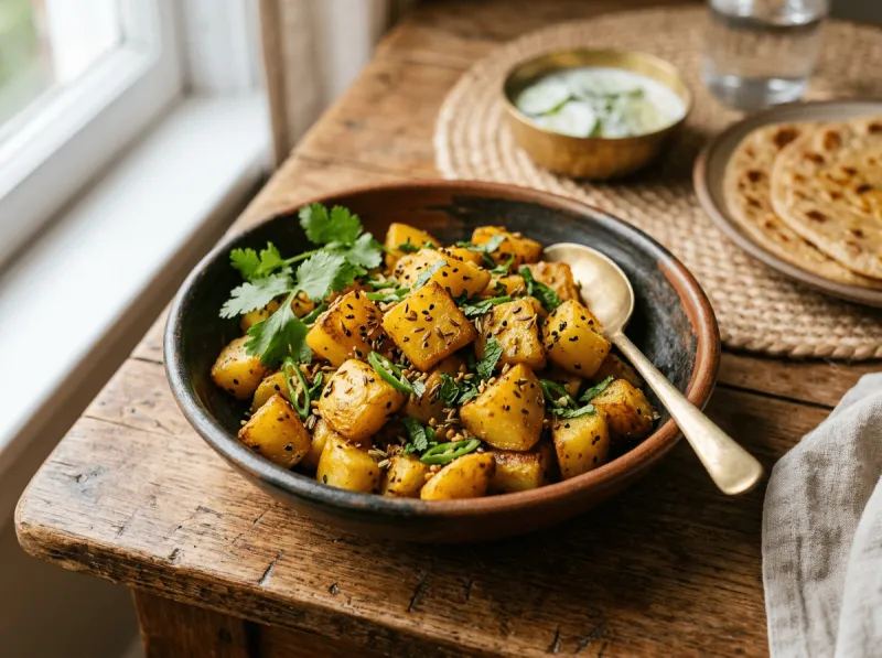 Dunkle Keramikschale mit gewürzten Bratkartoffeln, garniert mit Koriander, Schwarzkümmel und Kreuzkümmel, mit einem Messinglöffel. Im Hintergrund auf einem rustikalen Holztisch ein Schälchen Raita mit Gurke sowie ein Teller mit Chapati-Fladenbroten.