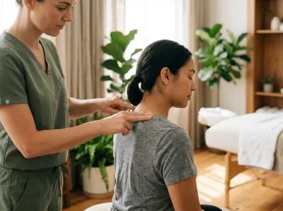 Therapeutin im grünen Kasack massiert konzentriert den Nacken- und Schulterbereich einer sitzenden Frau im grauen T-Shirt. Im Hintergrund ein heller, pflanzenreicher Behandlungsraum mit einer Massageliege.