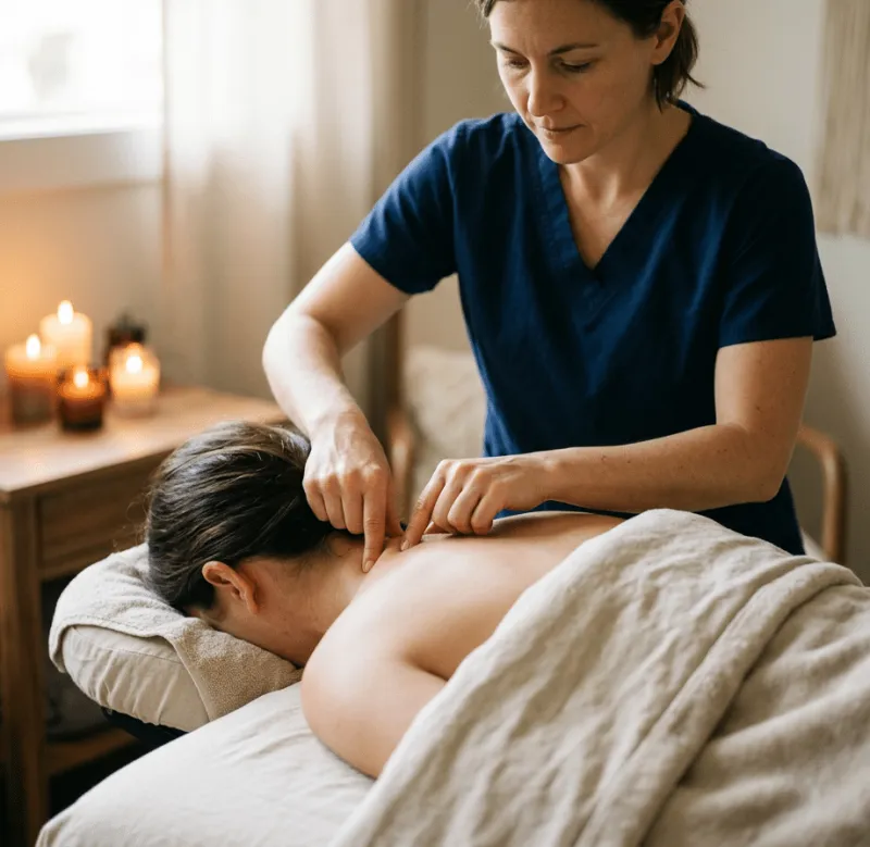 Therapeutin im dunkelblauen Kasack stimuliert konzentriert Marmapunkte im Nacken- und Schulterbereich einer liegenden Klientin mit den Fingerspitzen. Im Hintergrund ein stimmungsvoller Behandlungsraum mit mehreren brennenden Kerzen und einer Pflanze auf einem Holzbeistelltisch.