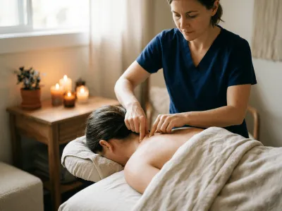 Therapeutin im dunkelblauen Kasack stimuliert konzentriert Marmapunkte im Nacken- und Schulterbereich einer liegenden Klientin mit den Fingerspitzen. Im Hintergrund ein stimmungsvoller Behandlungsraum mit mehreren brennenden Kerzen und einer Pflanze auf einem Holzbeistelltisch.