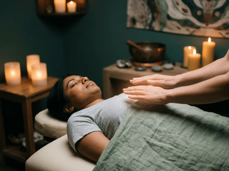 Frau liegt entspannt mit geschlossenen Augen auf einer Massageliege, während Therapeutenhände eine berührungslose Energiebehandlung über ihrem Brustbereich ausführen. Im Hintergrund ein dunkel-petrolfarbendes Behandlungszimmer mit brennenden Kerzen, einer Klangschale und Steinen auf einem Holzbeistelltisch.