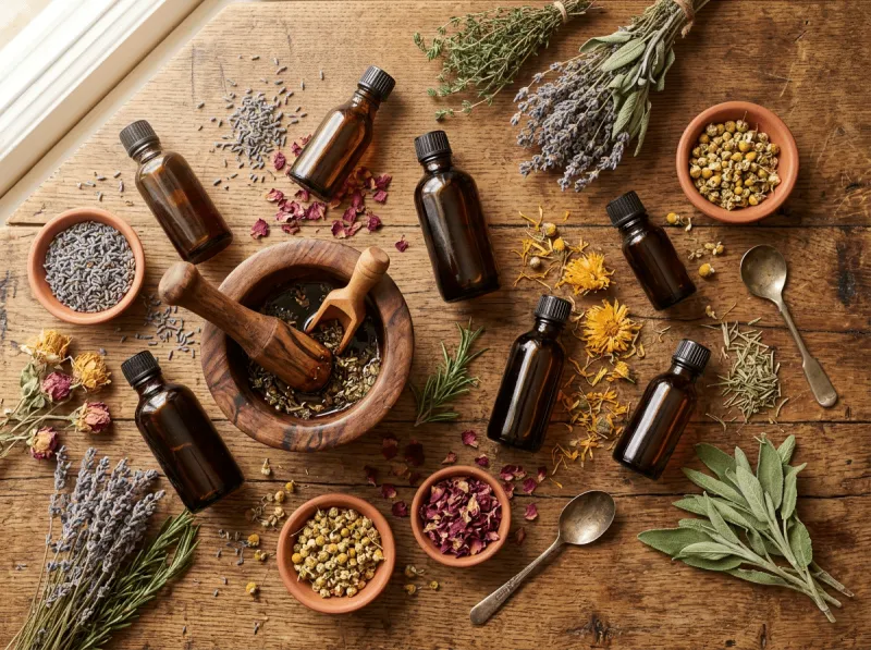 Draufsicht auf einen rustikalen Holztisch mit Ayurveda-Massagezutaten: sieben braune Ätherischöl-Fläschchen, ein Holzmörser mit Stößel und Schaufel, Tonschälchen mit Lavendel, Kamille und Rosenblütenblättern sowie verstreute Kräuter wie Rosmarin, Salbei, Ringelblume und Thymian.