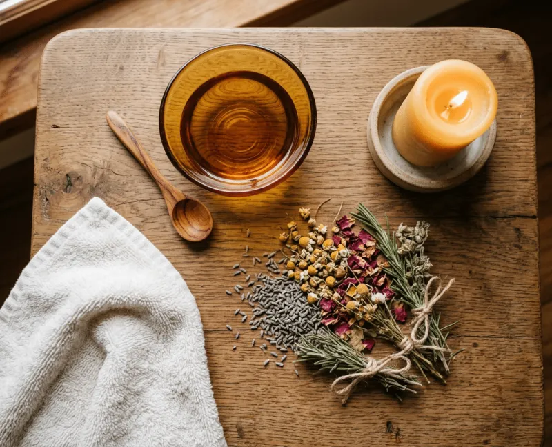 Draufsicht auf einen rustikalen Holztisch mit Ayurveda-Massage-Utensilien: eine Schale mit goldenem Öl, ein Holzlöffel, ein weißes Handtuch, eine brennende Kerze auf einem Steinsockel sowie getrocknete Kräuter und Blüten — Lavendel, Kamille, Rosenblütenblätter und ein Rosmarinbündel.