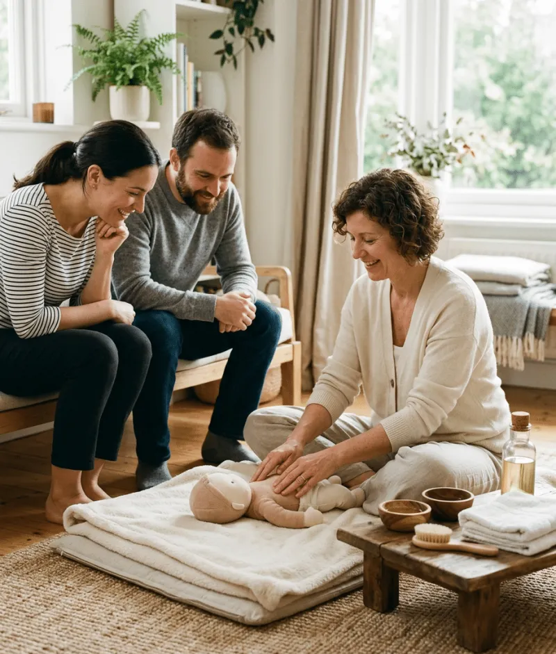 Kursleiterin im cremefarbenen Cardigan demonstriert lächelnd Massagegriffe an einer Babypuppe auf einer weißen Decke, während ein junges Paar interessiert zuschaut. Daneben ein Holztablett mit Massageöl, Schälchen und einer Bürste in einem hellen, natürlich eingerichteten Wohnraum.