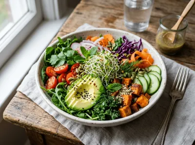 Eine große Keramikschale mit einer bunten Gemüse-Bowl auf einem rustikalen Holztisch – belegt mit Avocado, Kirschtomaten, Süßkartoffelwürfeln, Gurken, Sprossen, Rotkohl, Karotten, Radieschen, Kürbiskernen und frischen Kräutern. Daneben ein Glas Wasser, ein Dressing im Glas und eine Gabel auf einem Leinentuch.