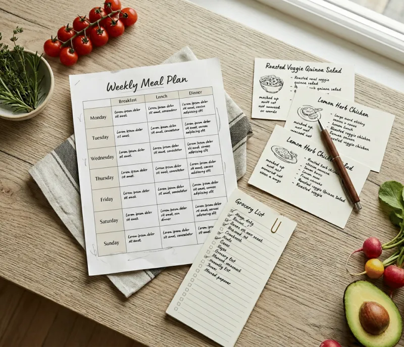 Draufsicht auf einen Holztisch mit einem wöchentlichen Mahlzeitenplan („Weekly Meal Plan