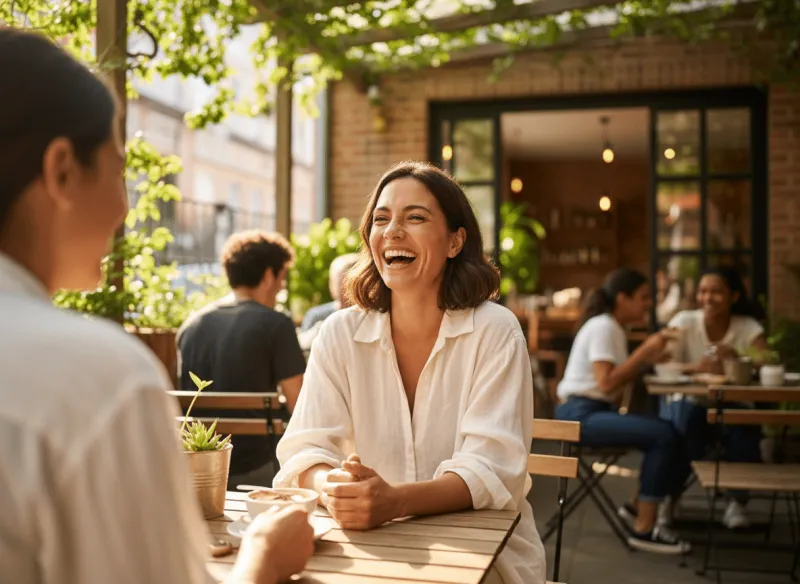 Frau im weißen Leinenhemd lacht herzlich bei einem Gespräch an einem Holztisch auf einer sonnigen Café-Terrasse mit Begrünung und Backsteingebäude. Im Hintergrund weitere Gäste an Tischen im warmen Sonnenlicht.