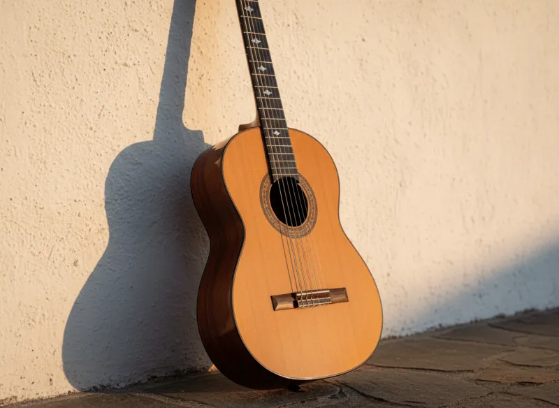 Eine klassische Flamenco-Gitarre mit hellem Fichtenkorpus, dunklem Palisander-Zargen und verziertem Schallloch lehnt an einer weißen Putzwand im warmen Sonnenlicht, das einen markanten Schatten wirft.