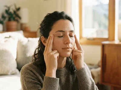 Dunkelhaarige Frau im braunen Strickpullover massiert mit geschlossenen Augen sanft beide Wangenknochen und Schläfen mit den Fingerspitzen. Im Hintergrund ein warmtoniges, helles Zimmer mit Sofa, Kissen und einem Holzfenster.