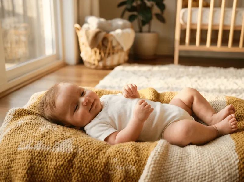 Zufriedenes Baby im weißen Body liegt entspannt auf einer senfgelben Strickdecke auf dem Boden. Im Hintergrund ein warmtoniges Kinderzimmer mit Holzgitterbett, Weidekorb und einer Zimmerpflanze.