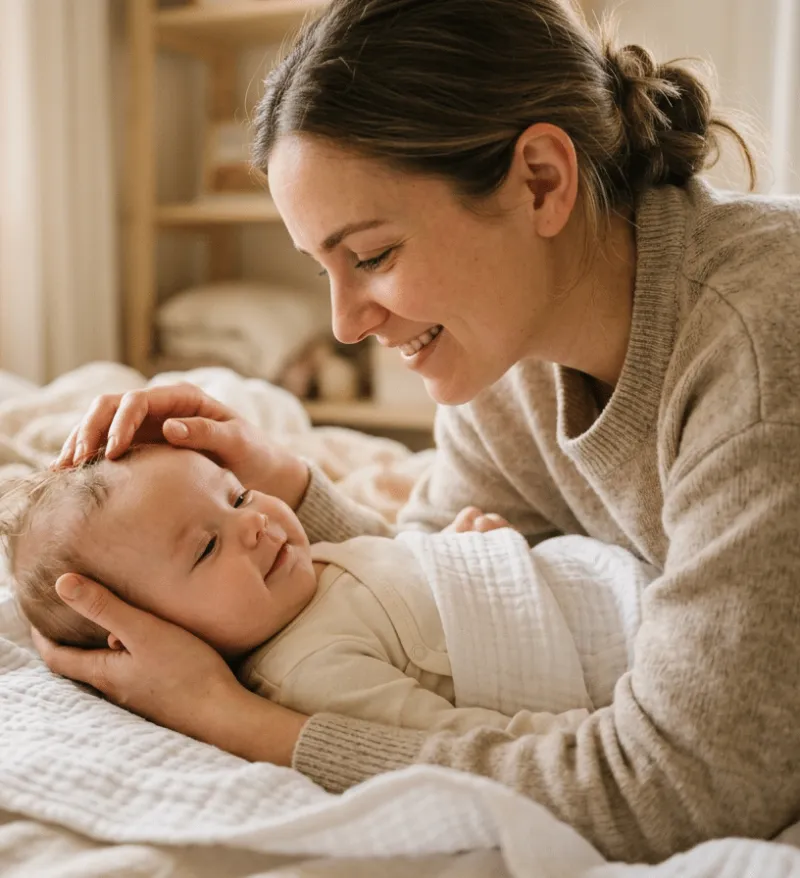 Lächelnde Mutter im beigen Strickpullover liegt nah bei ihrem Baby auf einem hellen Bett und streichelt sanft dessen Kopf. Das Baby im cremefarbenen Strampler schaut wach zur Mutter. Im Hintergrund ein warmtoniges Schlafzimmer mit natürlichem Licht.