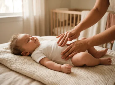 Säugling im weißen Body liegt entspannt auf einer hellen Strickdecke, während zwei Hände sanft seinen Bauch massieren. Im Hintergrund ein warmtoniges Kinderzimmer mit Holzgitterbett.