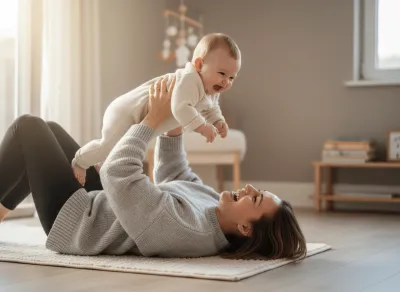 Eine Mutter liegt lächelnd auf einem Teppich in einem hellen Wohnzimmer und hebt ihr fröhliches Baby spielerisch über sich in die Luft. Im Hintergrund sind ein Fenster, ein Mobile und ein niedriges Regal mit Büchern zu sehen; die warme, ruhige Szene vermittelt Nähe, Freude und gemeinsame Zeit mit dem Kind.