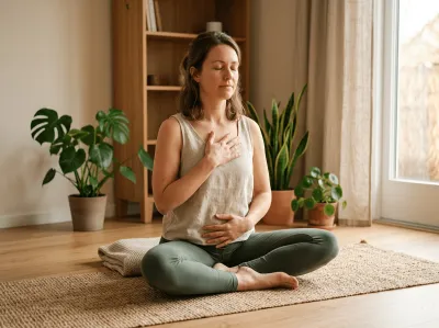 Frau in beigem Tanktop und grüner Leggings sitzt mit geschlossenen Augen im Schneidersitz auf einem Jute-Teppich, eine Hand auf der Brust, eine auf dem Bauch — eine Atemübung oder Meditation. Im Hintergrund ein helles Wohnzimmer mit mehreren Zimmerpflanzen, einem Holzregal und einem Fenster.