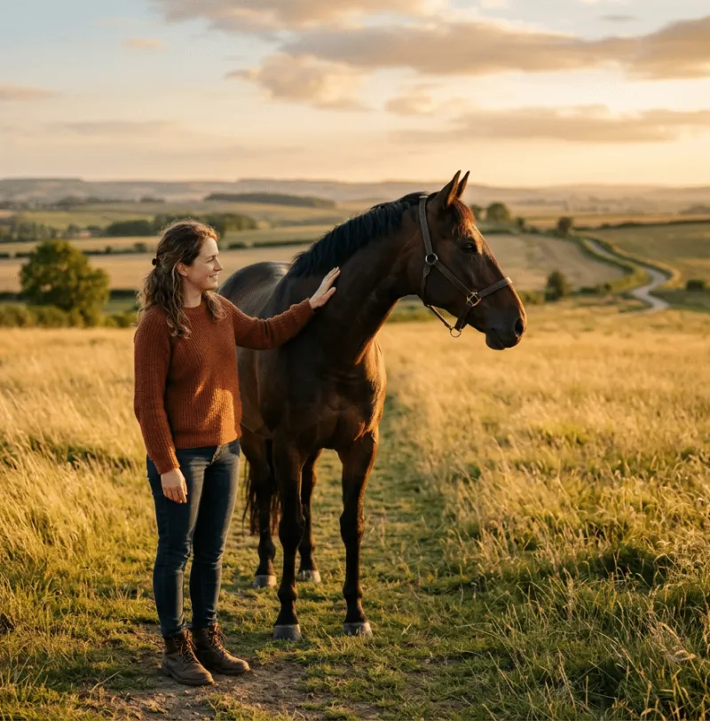 Eine Frau steht neben einem dunklen Pferd auf einem schmalen Weg durch eine goldene Wiesenlandschaft und legt ihm ruhig eine Hand an den Hals. Im Hintergrund erstrecken sich Felder, Hügel und ein kurviger Landweg im warmen Licht der untergehenden Sonne, wodurch die Szene Vertrauen, Verbundenheit und achtsame Arbeit mit dem Pferd vermittelt.