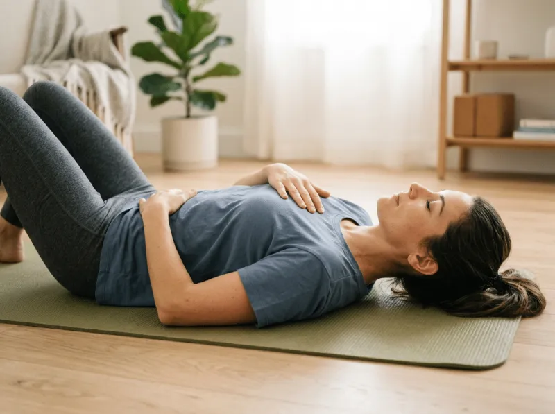 Eine Frau in blaugrauem T-Shirt und grauen Leggings liegt mit geschlossenen Augen auf einer olivgrünen Matte, Knie angewinkelt, beide Hände auf Bauch und Rippen – erkennbar eine Pilates-Atemübung in der Rückenlage. Im Hintergrund ein helles, gemütliches Wohnzimmer mit Zimmerpflanze und Holzregal.