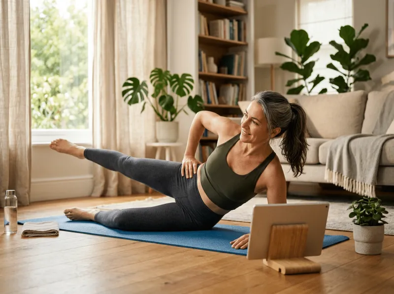 Eine lächelnde Frau mittleren Alters in olivgrünem Sport-BH und grauen Leggings liegt auf der Seite auf einer blauen Matte und hebt das obere Bein in einer Pilates-Seithebeübung. Vor ihr steht ein Tablet, daneben eine Wasserflasche und ein Handtuch. Im Hintergrund ein helles Wohnzimmer mit Pflanzen.
