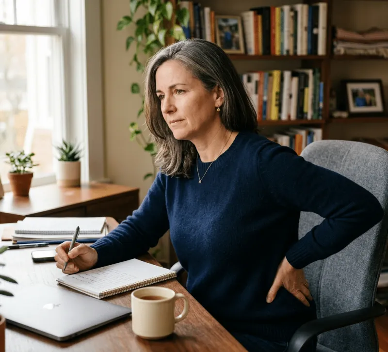 Eine Frau mittleren Alters im dunkelblauen Pullover sitzt am Schreibtisch mit Notizbuch und Laptop und hält eine Hand mit schmerzverzerrtem Ausdruck an den unteren Rücken. Im Hintergrund ein gemütliches Homeoffice mit Bücherregal und Zimmerpflanzen.