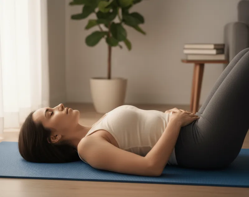 Eine Frau liegt mit angewinkelten Beinen entspannt auf einer blauen Yogamatte und legt beide Hände auf ihren Bauch. Das sanfte Tageslicht, die Zimmerpflanze und die ruhige Wohnumgebung vermitteln eine achtsame Übung zur Entspannung, Körperwahrnehmung oder Rückbildung zu Hause.