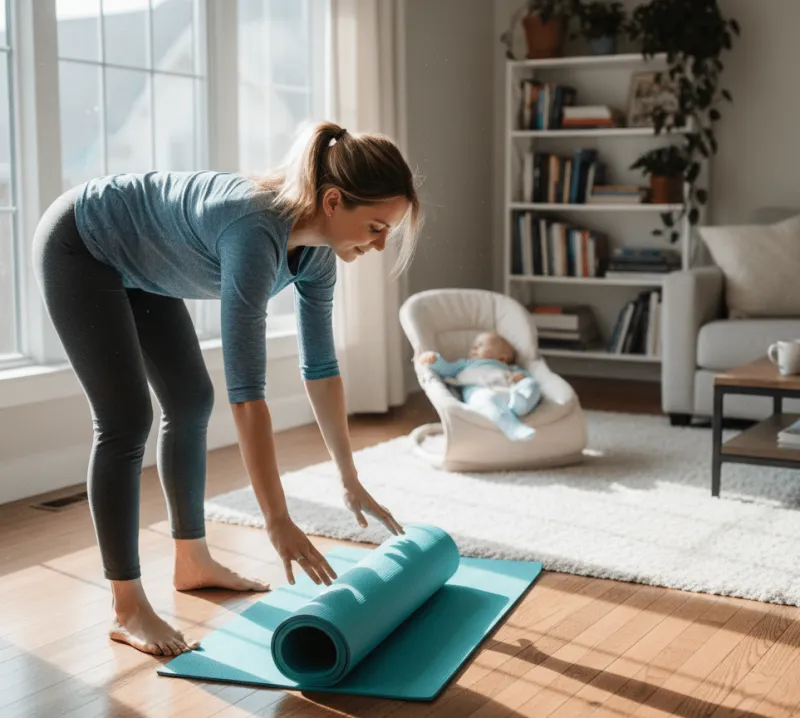 Eine Frau rollt in einem hellen Wohnzimmer eine türkisfarbene Yogamatte aus, während ihr Baby im Hintergrund in einer Babyschale liegt. Große Fenster, ein Bücherregal, Pflanzen und eine gemütliche Sitzecke schaffen eine ruhige Atmosphäre und zeigen, wie Rückbildung oder Bewegung zu Hause mit Baby vorbereitet werden kann.