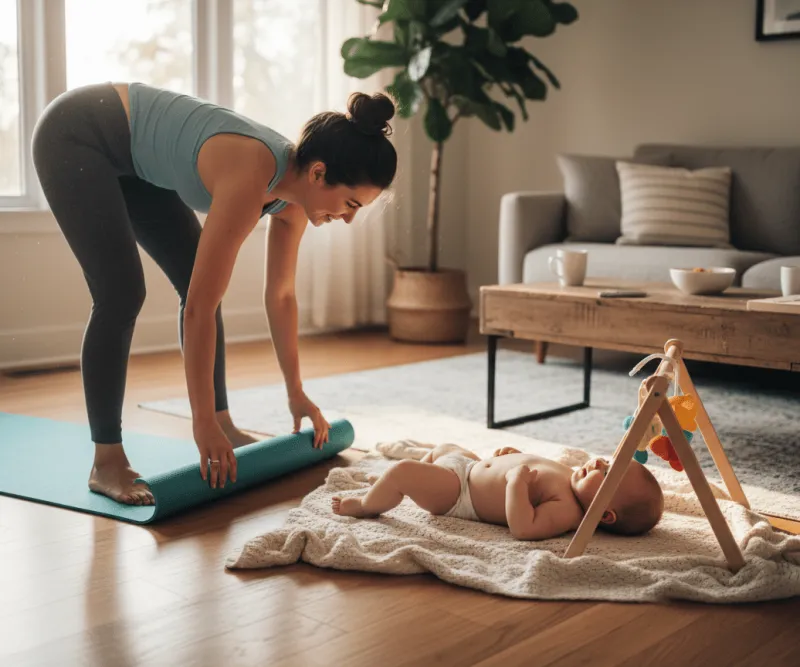 Eine Mutter rollt im hellen Wohnzimmer eine türkisfarbene Yogamatte aus, während ihr Baby auf einer weichen Decke unter einem Spielbogen liegt. Sofa, Couchtisch, Pflanzen und warmes Tageslicht schaffen eine gemütliche Umgebung und zeigen, wie Rückbildung oder Bewegung im Alltag mit Baby stattfinden kann.