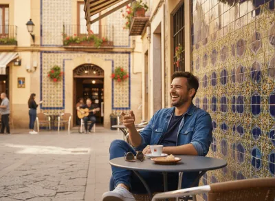 Ein lachender Mann sitzt entspannt an einem kleinen Café-Tisch in einem sonnigen spanischen Innenhof. Vor ihm stehen eine Tasse Kaffee und ein kleines Gebäck, während im Hintergrund bunte Fliesen, blühende Balkone und ein Musiker mit Gitarre die lebendige, mediterrane Atmosphäre unterstreichen.