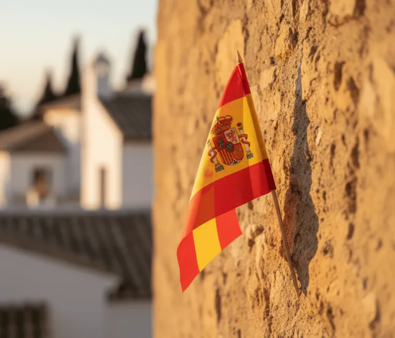 Eine kleine spanische Flagge steckt an einer rauen, sonnenbeschienenen Steinmauer. Im unscharfen Hintergrund sind weiße Häuser, Ziegeldächer und dunkle Zypressen zu sehen, wodurch eine warme, mediterrane Abendstimmung entsteht.