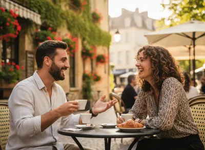 Ein Mann und eine Frau sitzen lachend an einem Tisch auf der Terrasse eines französischen Straßencafés, vor sich Kaffee und ein Croissant. Im Hintergrund ein blumengeschmücktes Steingebäude.