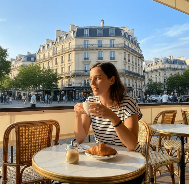 Eine Frau sitzt in einem Straßencafé, trinkt Kaffee und hat ein Croissant vor sich, während im Hintergrund eine belebte Stadtstraße mit historischen Gebäuden zu sehen ist.