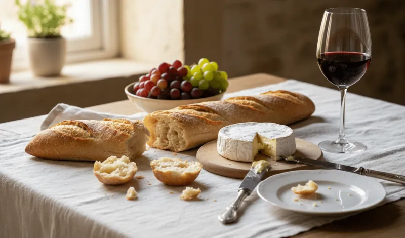 Ein gedeckter Tisch mit Baguette, Weichkäse, Trauben und einem Glas Rotwein in einer warm beleuchteten, rustikalen Umgebung.