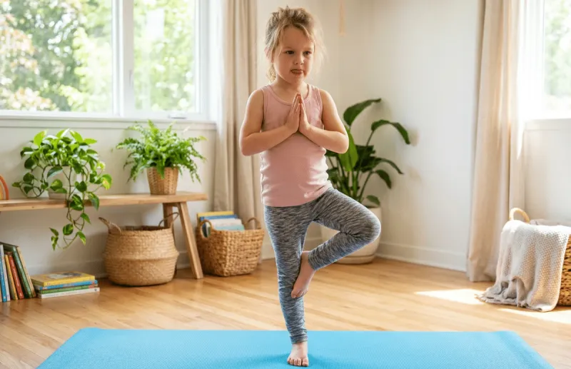 Ein Kind steht auf einer blauen Yogamatte in der Baumhaltung und übt Yoga in einem hellen, gemütlichen Raum mit Pflanzen.