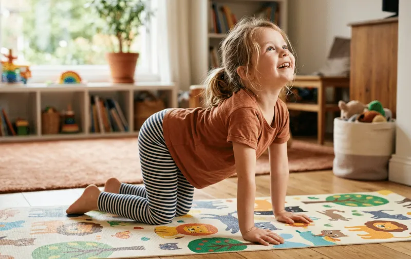 Ein lächelndes Kind macht auf einer bunten Spielmatte eine Yogaübung im Vierfüßlerstand in einem hellen Kinderzimmer.