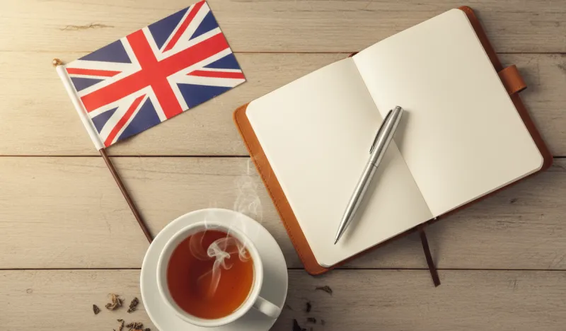 A flat lay on a wooden desk with a small British flag