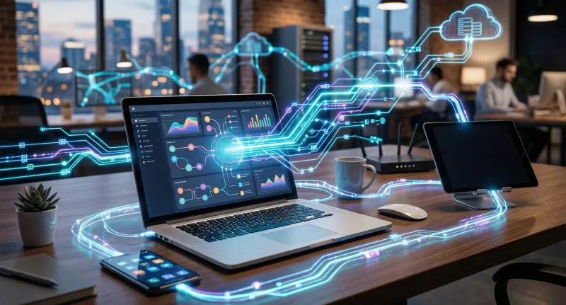 Firefly_Gemini Flash_futuristic marketing automation concept with glowing network connections between devi 947282