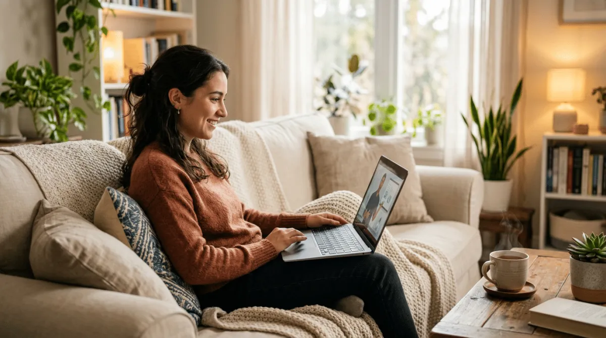 Eine Frau sitzt gemütlich auf dem Sofa und arbeitet lächelnd an einem Laptop, auf dem ein Onlinekurs oder Webinar zu sehen ist. Die wohnliche Umgebung mit Kissen, Decke, Pflanzen, Bücherregal, Lampe und Tasse vermittelt eine entspannte Lernatmosphäre. Die Szene passt zu digitaler Weiterbildung, Online-Ausbildung und flexiblem Lernen von zu Hause.