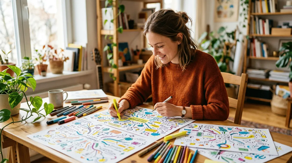 Junge Frau sitzt lächelnd an einem Holztisch und gestaltet farbige Lernnotizen, Mindmaps und Skizzen mit Markern und Stiften in einem hellen, kreativ eingerichteten Zimmer mit Pflanzen, Bücherregal und natürlichem Tageslicht.