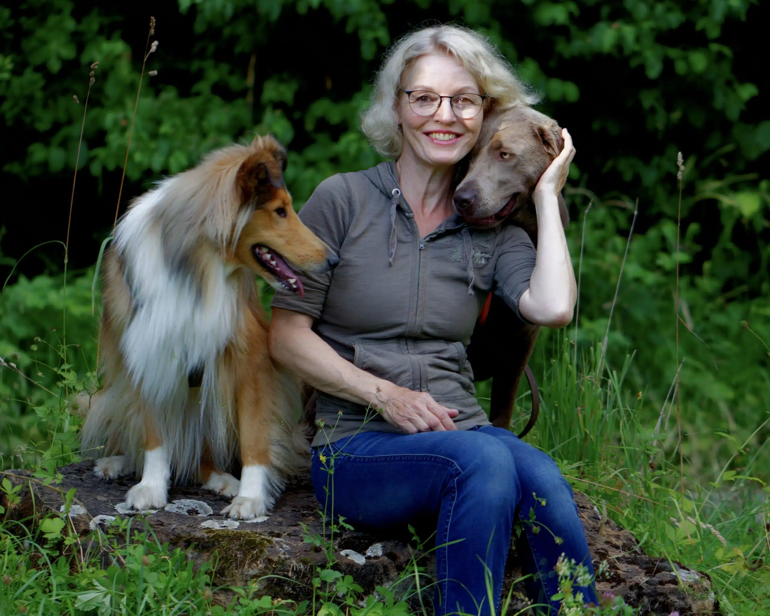 Eine lächelnde Frau mit kurzen, silberblonden Haaren, Brille und grauem Hoodie sitzt auf einem bemoosten Baumstumpf im Wald. Links neben ihr steht ein hell-braun-weißer Collie, rechts schmiegt sich ein grau-brauner Labrador-Mischling mit rotem Halsband an ihre Wange, den sie liebevoll mit der Hand hält. Die Frau strahlt Wärme und Verbundenheit mit ihren Hunden aus. Im Hintergrund üppiges sommerliches Grün.