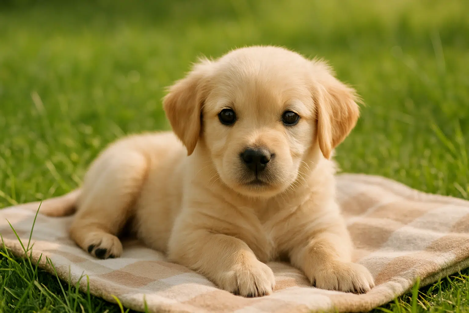 Ein sehr junger, cremefarbener Labrador-Welpe liegt entspannt auf einer beige-karierten Decke im Gras und schaut direkt in die Kamera. Sein weiches, flauschiges Fell, die hängenden Öhrchen und die großen dunklen Augen verleihen ihm einen besonders niedlichen Ausdruck. Im Hintergrund verschwommenes, sattes Grün.