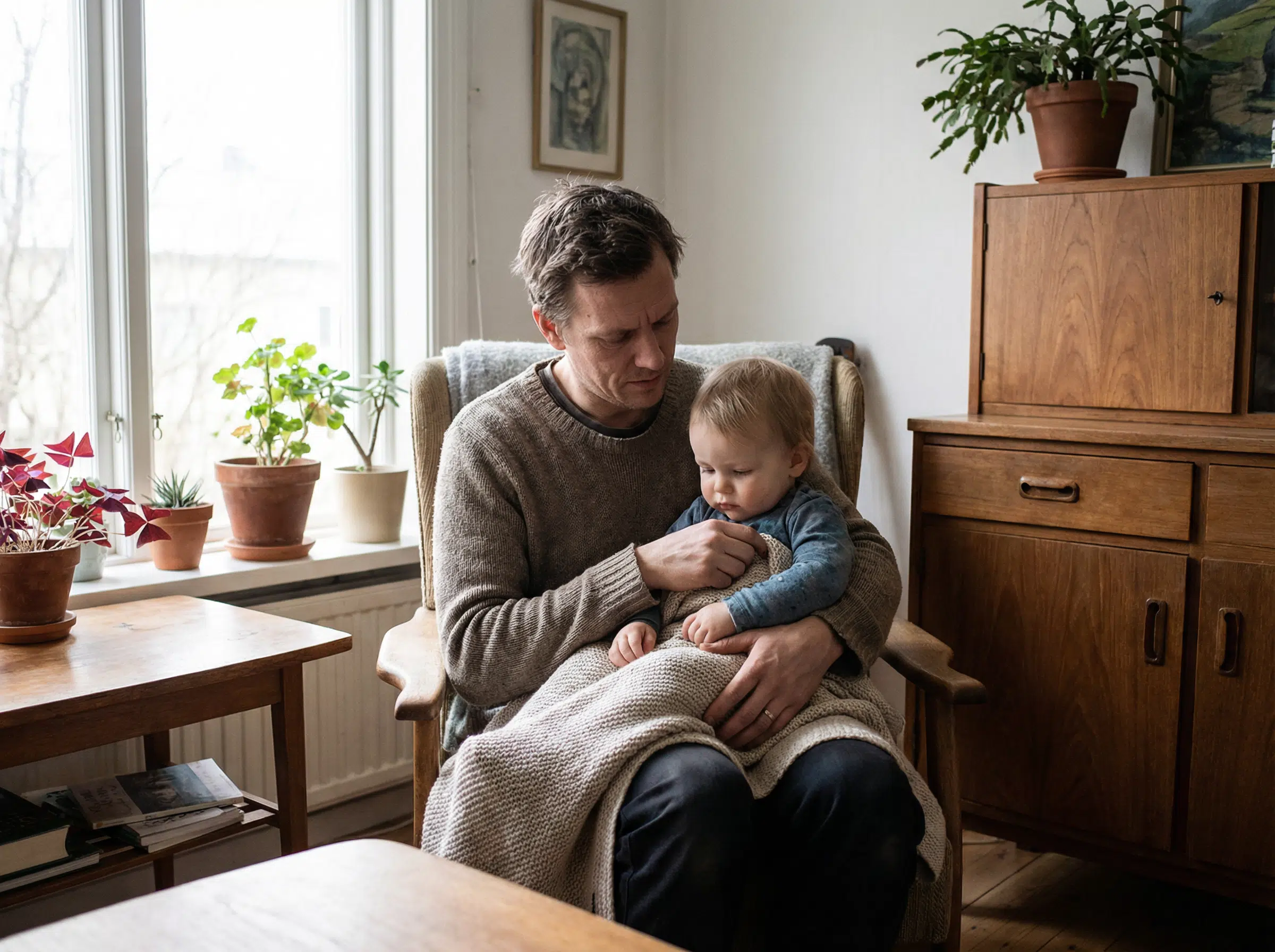 Ein ernster, aber ruhiger Vater mit dunklem Haar und grauem Strickpullover sitzt in einem Holzsessel und hält sein in eine Wolldecke eingewickeltes Baby aufmerksam im Arm. Das Kind im blauen Strampler wirkt ruhig und schaut nach unten. Im Hintergrund ein helles, nordisch eingerichtetes Wohnzimmer mit Holzsideboard, Zimmerpflanzen auf der Fensterbank und natürlichem Tageslicht.