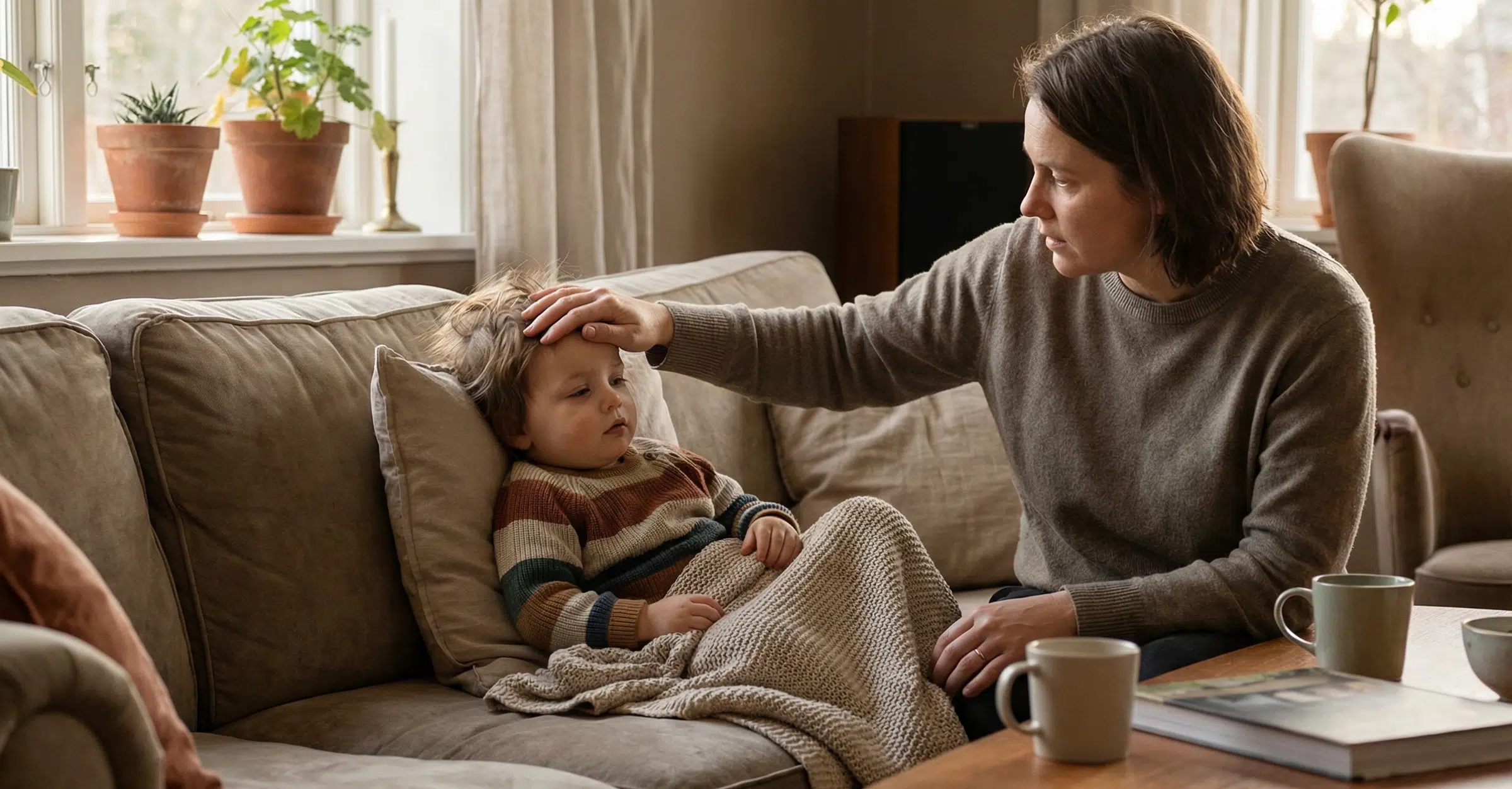 Eine besorgte Mutter mit dunklem Haar und grauem Pullover sitzt neben ihrem kranken Kleinkind und legt ihm fürsorglich die Hand auf die Stirn, um Fieber zu prüfen. Das Kind liegt mit einer Wolldecke zugedeckt auf dem Sofa und trägt einen bunten Streifenpullover. Auf dem Couchtisch stehen zwei Teetassen. Im Hintergrund ein warmes, gemütliches Wohnzimmer mit Zimmerpflanzen und Tageslicht.